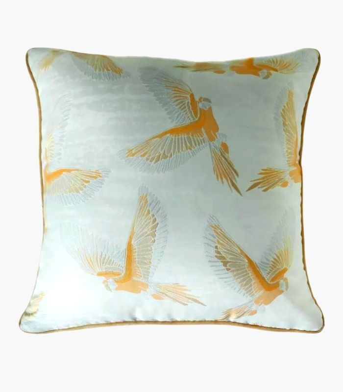 Sating Cushion Cover Yellow Parrots Embroidery Sky Blue