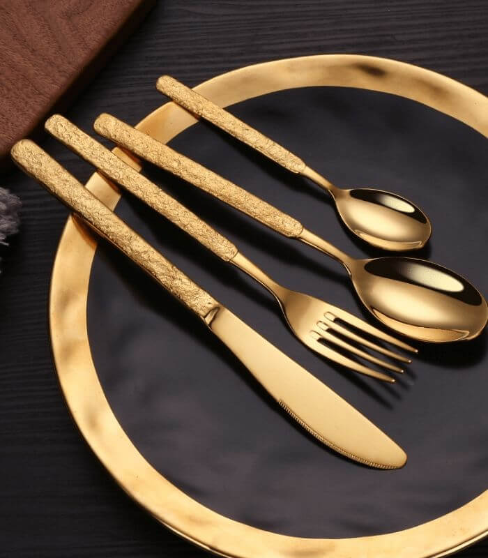 24 pc Cutlery Set Premium Stainless Steel Hummered Handle Gold