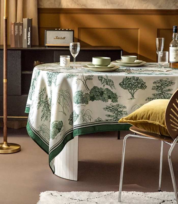 Tablecloth Jungle Print Cotton Herringbone Green and White