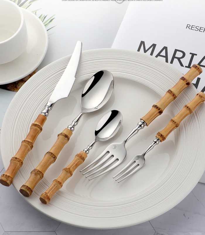 Cutlery Set Natural Bamboo Handle 304 Stainless Steel Silver