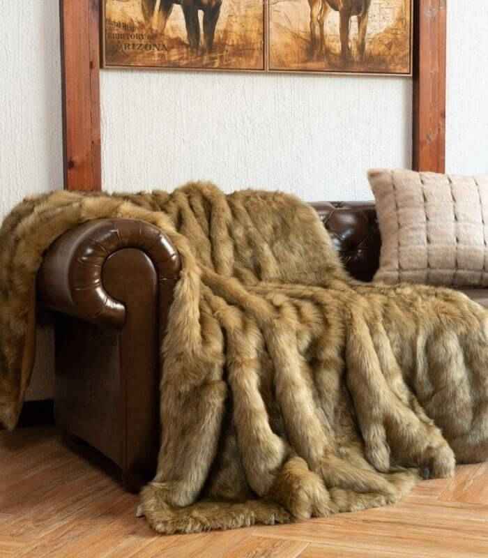 Faux Fur Throw Blanket Soft Thick Ochre Brown