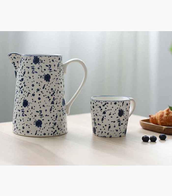Ceramic Cups & Jug Ink Hand-painted White & Blue
