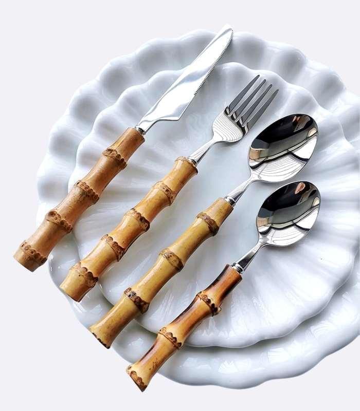 24 Pc Natural Bamboo Handle Cutlery Set Stainless Steel Flatware