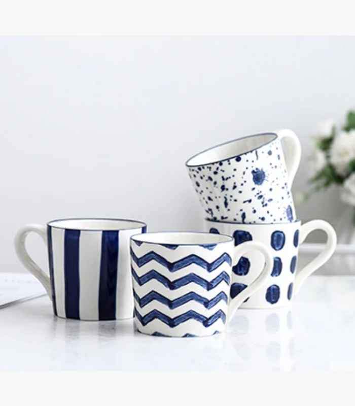 Ceramic Cups & Jug Ink Hand-painted White & Blue