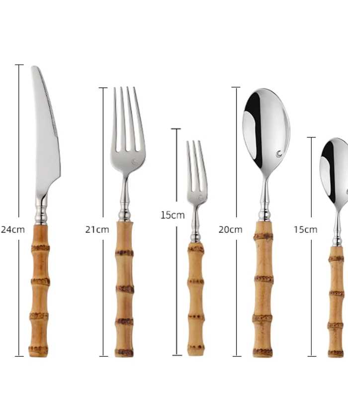 Cutlery Set Natural Bamboo Handle 304 Stainless Steel Silver