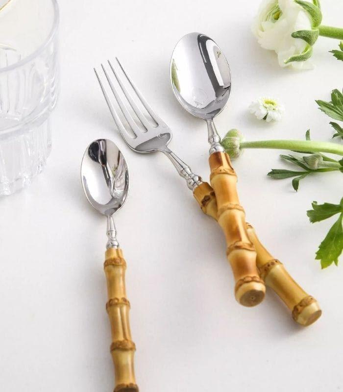 20 Pcs Cutlery Set Natural Bamboo Handle Stainless Steel Flatware