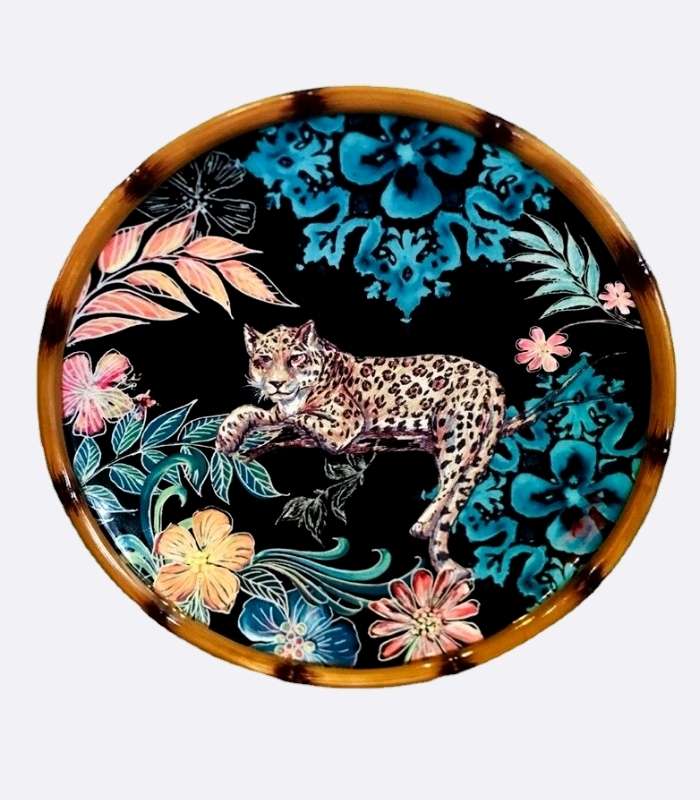 Bamboo Leopard Serving Dish Handpainted