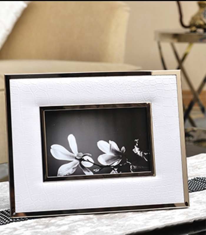 Photo Frame White Faux Crocodile Leather and Stainless Steel