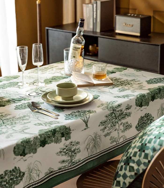 Tablecloth Jungle Print Cotton Herringbone Green and White