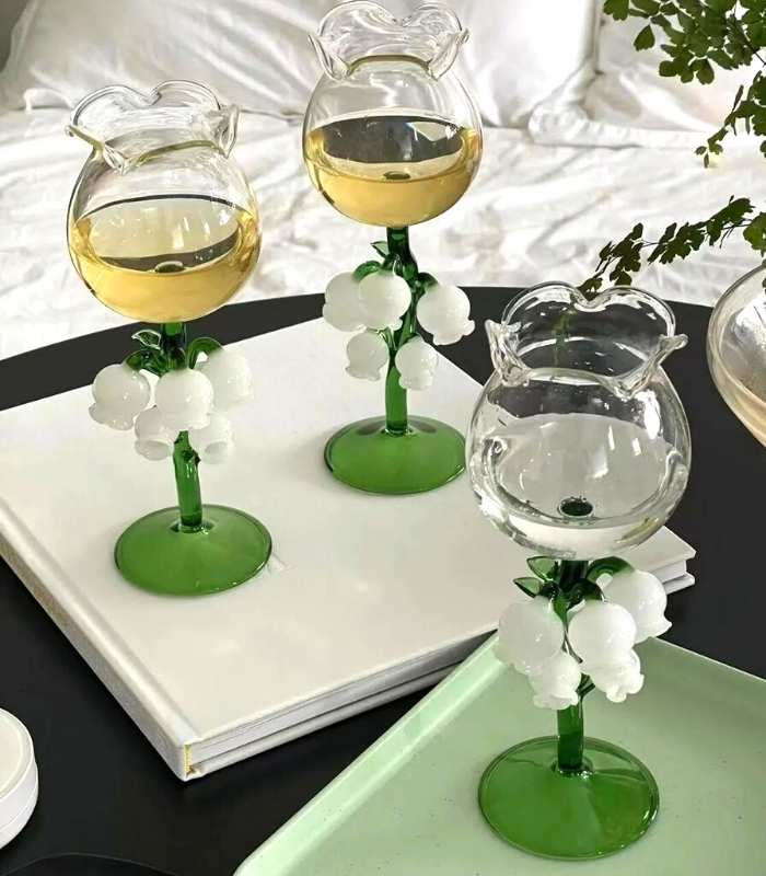 Lily of The Valley Glass Wine Champagne Glass Hand blown Glass 21 cm