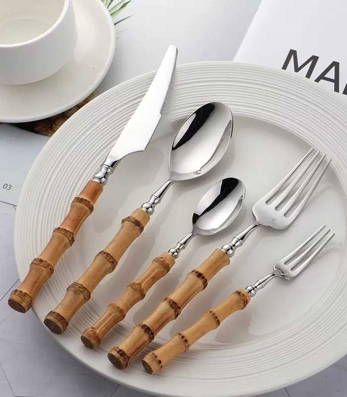 Cutlery Set Natural Bamboo Handle 304 Stainless Steel Silver