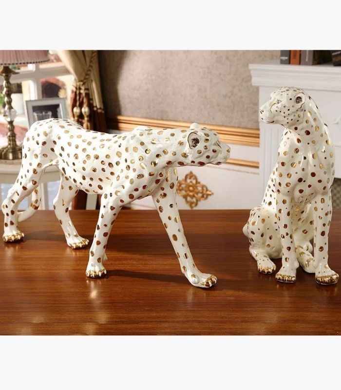 Ceramic Sculpture Leopard Gold White Hand Painted New