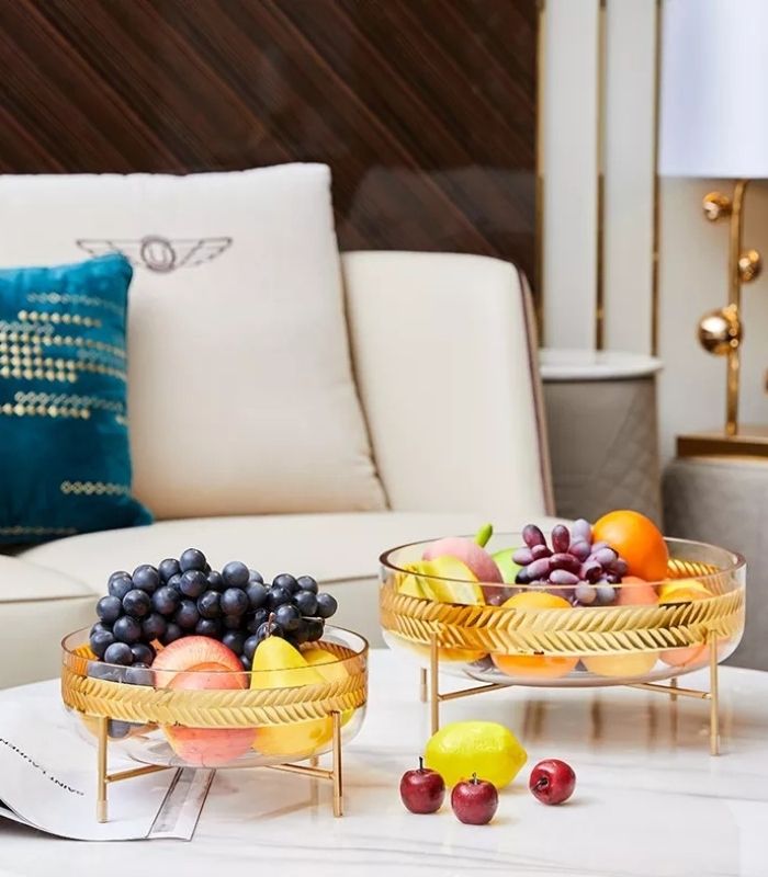 Crystal Fruit Bowl with Metal Wire Stand - Luxury Centerpiece