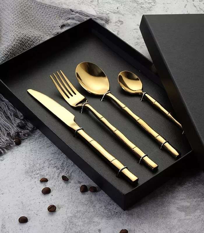 30 Pcs Stainless Steel Cutlery Set for 6 Bamboo Handle Style