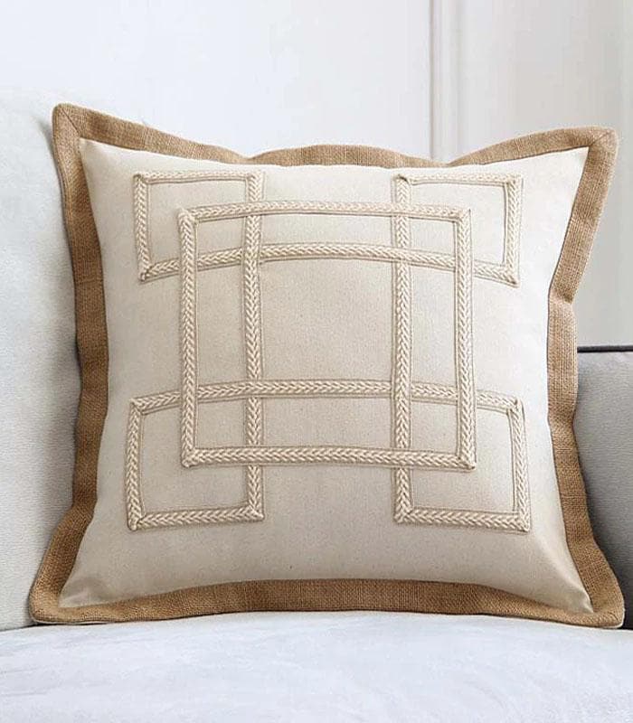 Cushion Cover with Geometric Embroidery Jute Heming 50cm Cotton and Linen