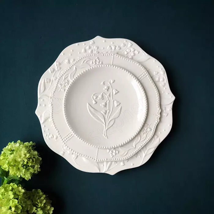 Ceramic Plate Lily of the Valley Embossed Flower Dinner Tableware