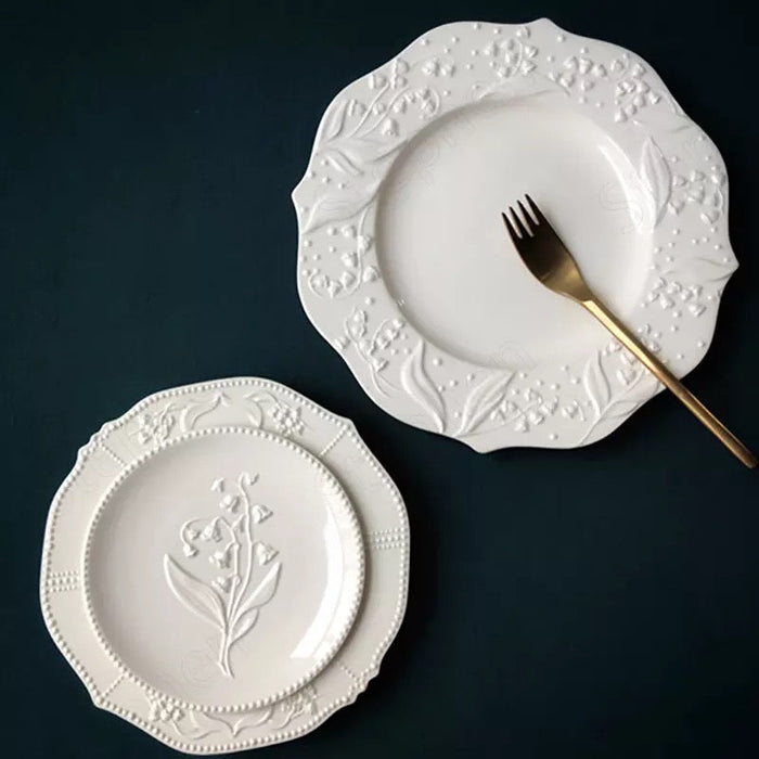 Ceramic Plate Lily of the Valley Embossed Flower Dinner Tableware