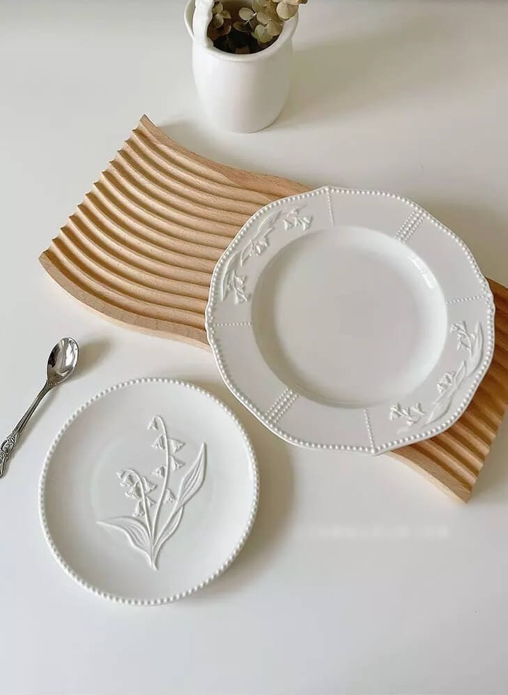 Ceramic Plate Lily of the Valley Embossed Flower Dinner Tableware