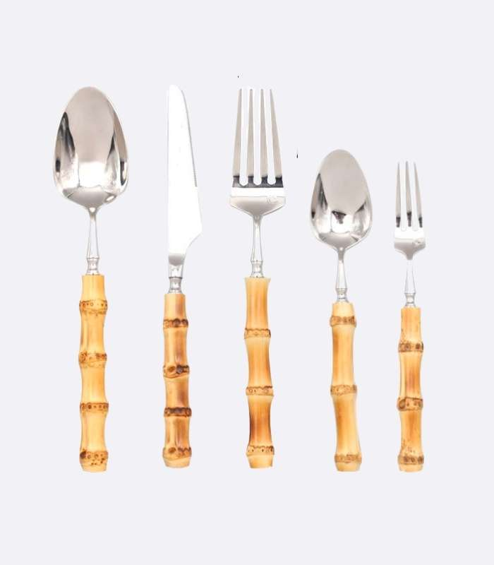 Natural Bamboo Flatware Set 18/10 Stainless Steel with Steak Knives, Bamboo Flatware Set