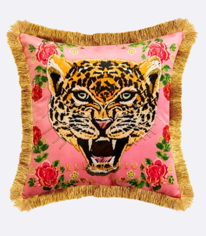 Pink Leopard Velvet Decorative Cushion Cover Fringed Edge Square 45 cm
