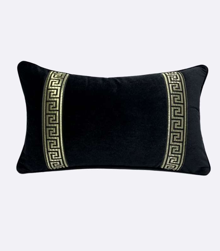 Greca Cushion Cover Pillow Cover Black Velvet Gold Embroidery 30x50cm