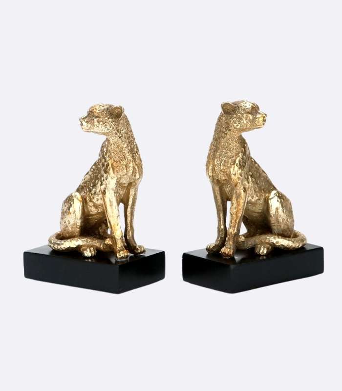 Set of 2 Cheetah Statue Bookend Resin Gold