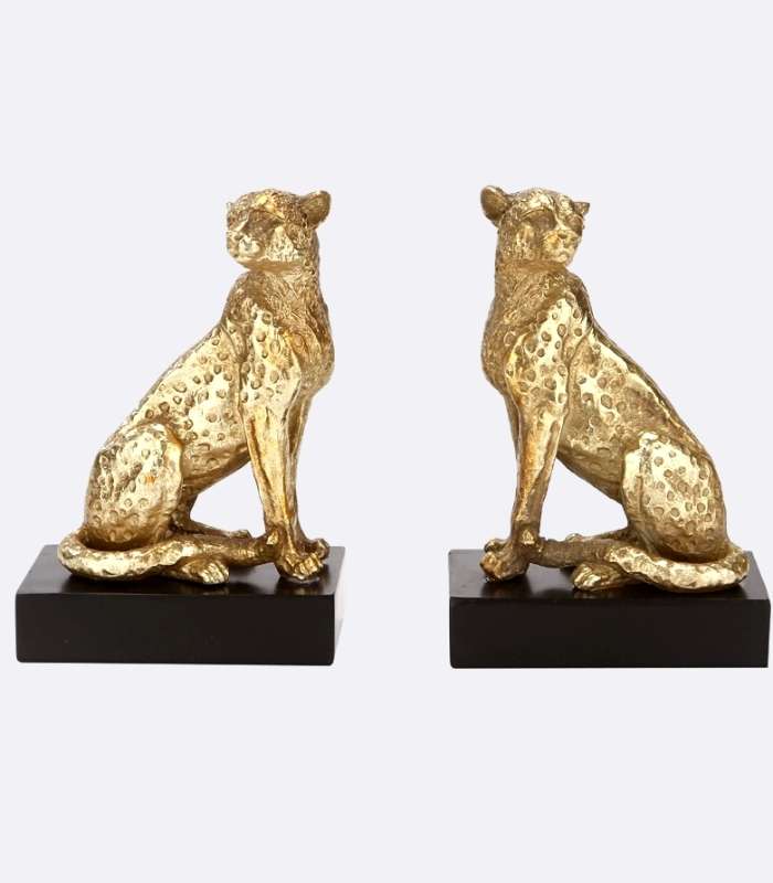 Set of 2 Cheetah Statue Bookend Resin Gold