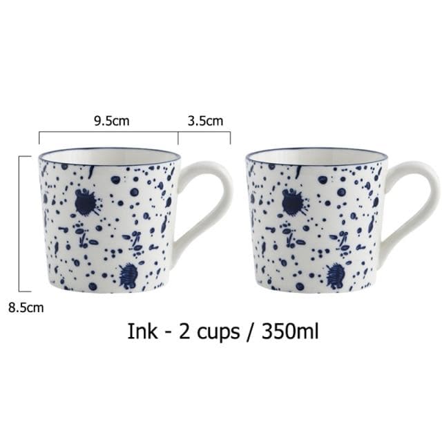 Ceramic Cups & Jug Ink Hand-painted White & Blue